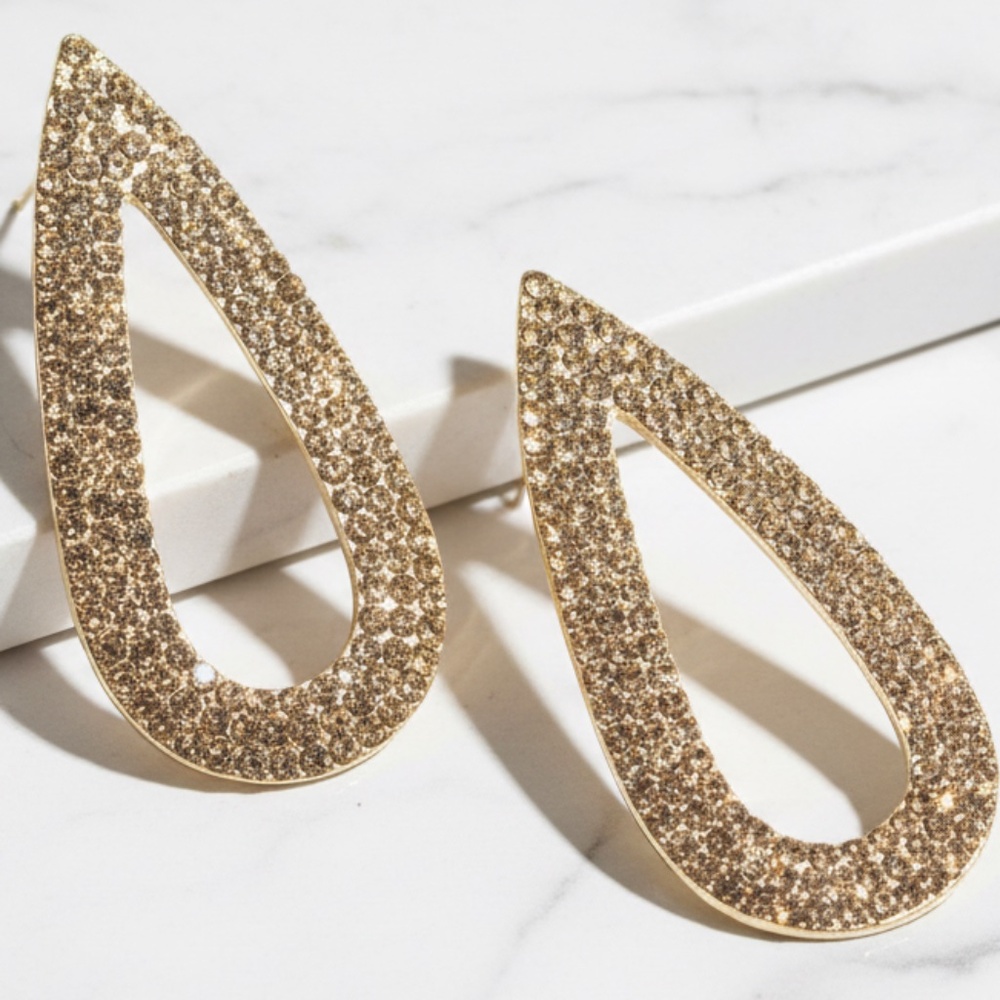 Womens Teardrop Gold Crystal‎ Sparkling Post Earrings